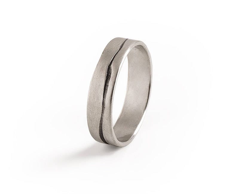 Mens Wedding Band - Silver Gentle Mountain Style Oxidized Engraving. Perfect Valentine's Day Gift For Him