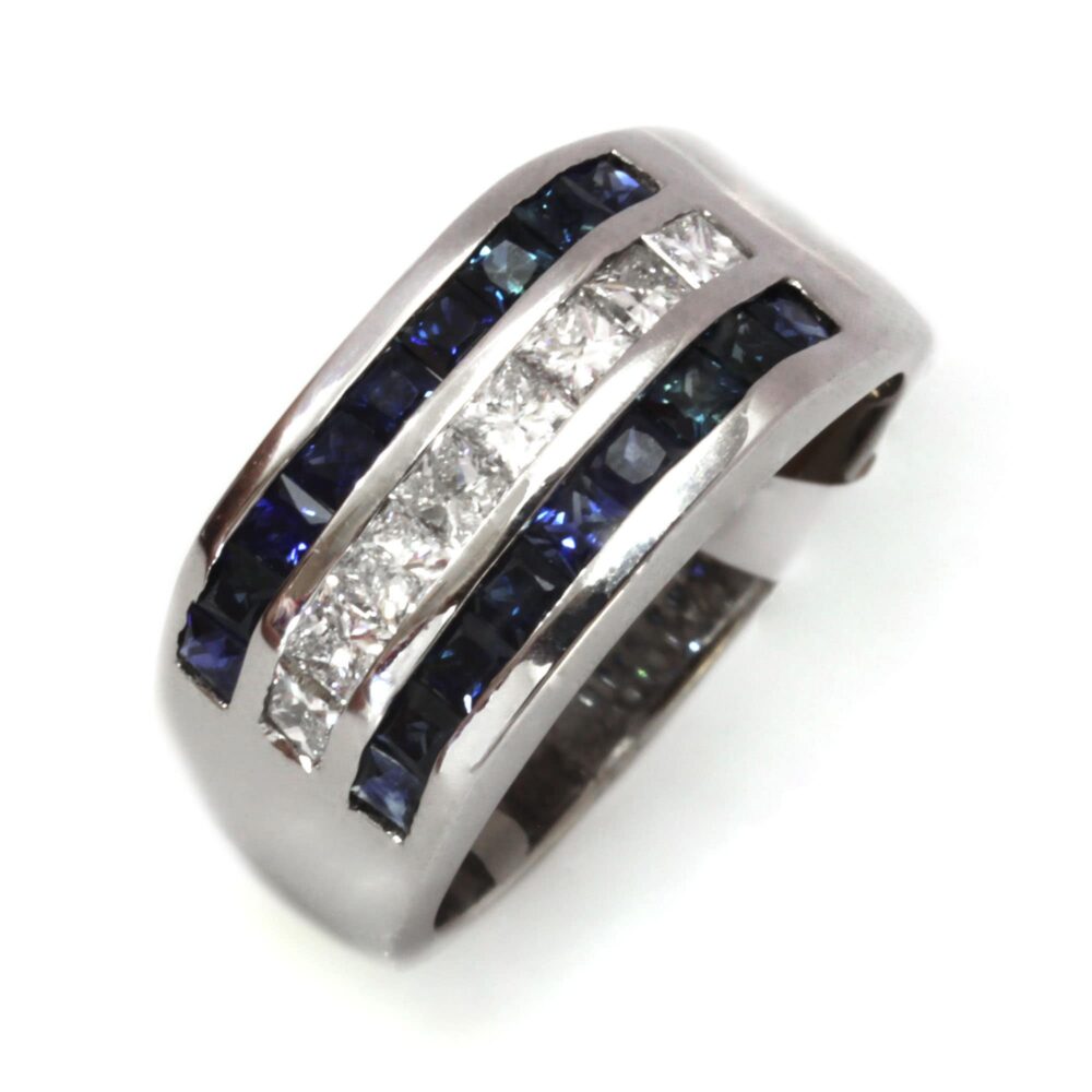 2.5 Ctw Natural Blue Sapphire & Diamond Channel Ring For Men/Solid 14K 18K Gold/ Princess Cut Stone 3 Row Men's Ring/ September Birthstone