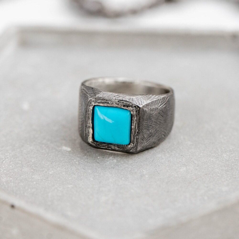 Men Turquoise Ring Brutalist Signet Oxidized Silver - December Birthstone Birthday Gift For Him Sr00072