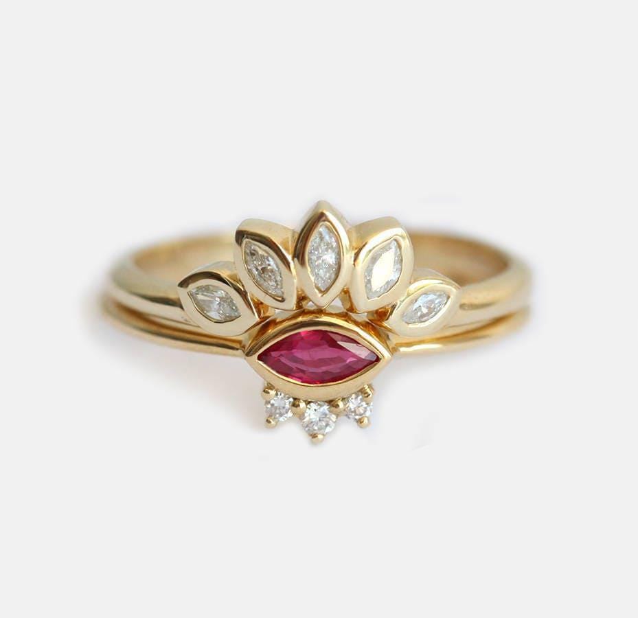 Delicate Ruby Wedding Ring Set, Bridal Set With Marquise Diamond Crown Ring, July Birthstone
