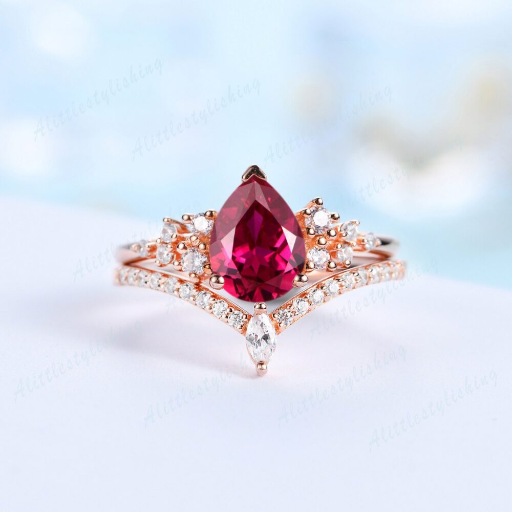 Ruby Engagement Ring Set Vintage Pear Cut Wedding in 14K Rose Gold Woman Curve Band