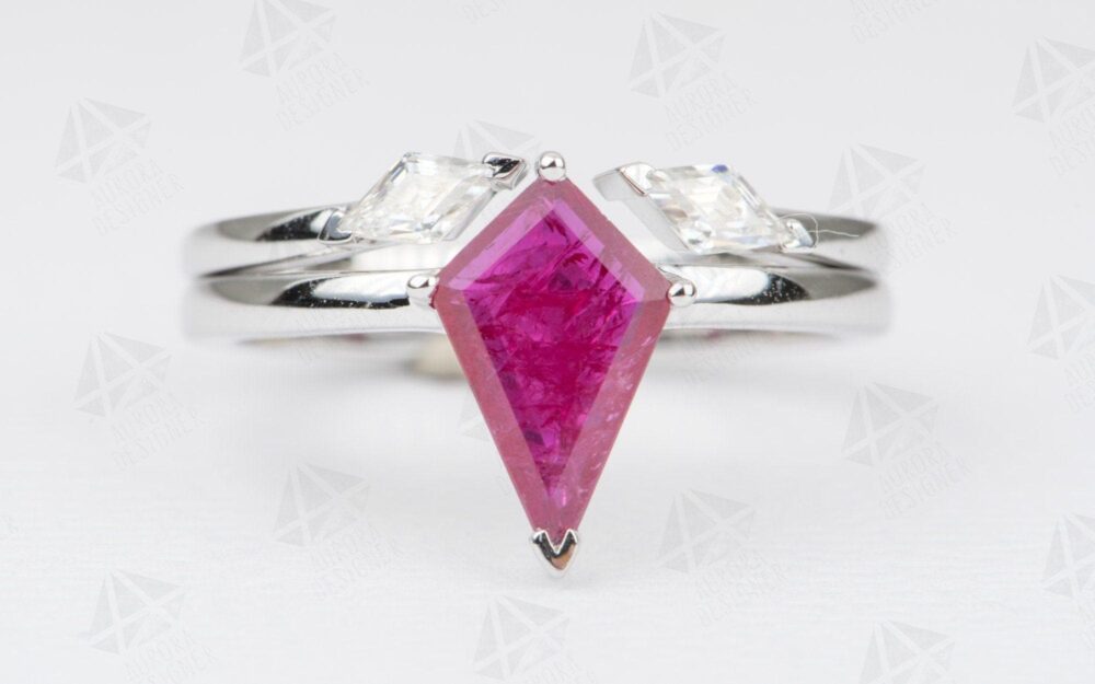 1.2Ct Kite Shape Ruby Engagement Ring 14K White Gold Bridal Set Matching Open End Moissanite Wedding Band Alternative Bride Unique Ad2331