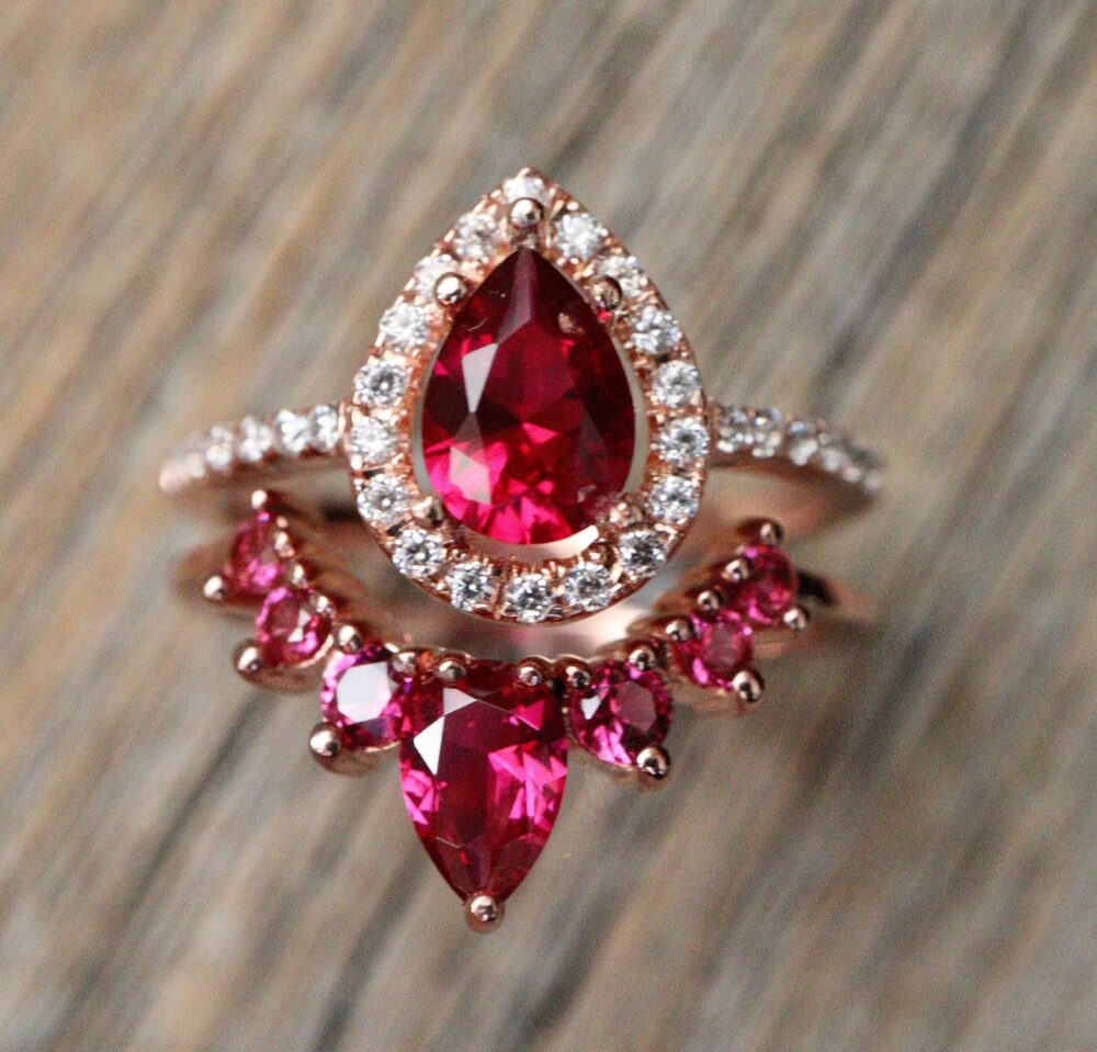 Teardrop Red Pink Ruby Halo Engagement 3 Ring Set