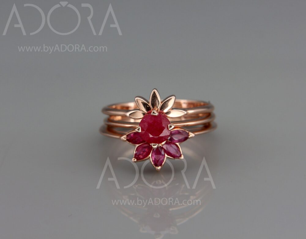 Handmade Ruby Bridal Set 3 Rings | 14K Rose Gold Wedding Ring Set With Marquise Cut Rubies & Engagement Ring
