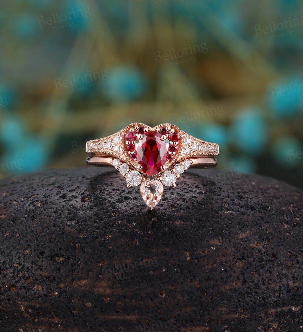 Vintage Ruby Engagement Ring Set Rose Gold Heart Shaped Rings Art Deco Diamond Wedding Morganite Band Anniversary Bridal