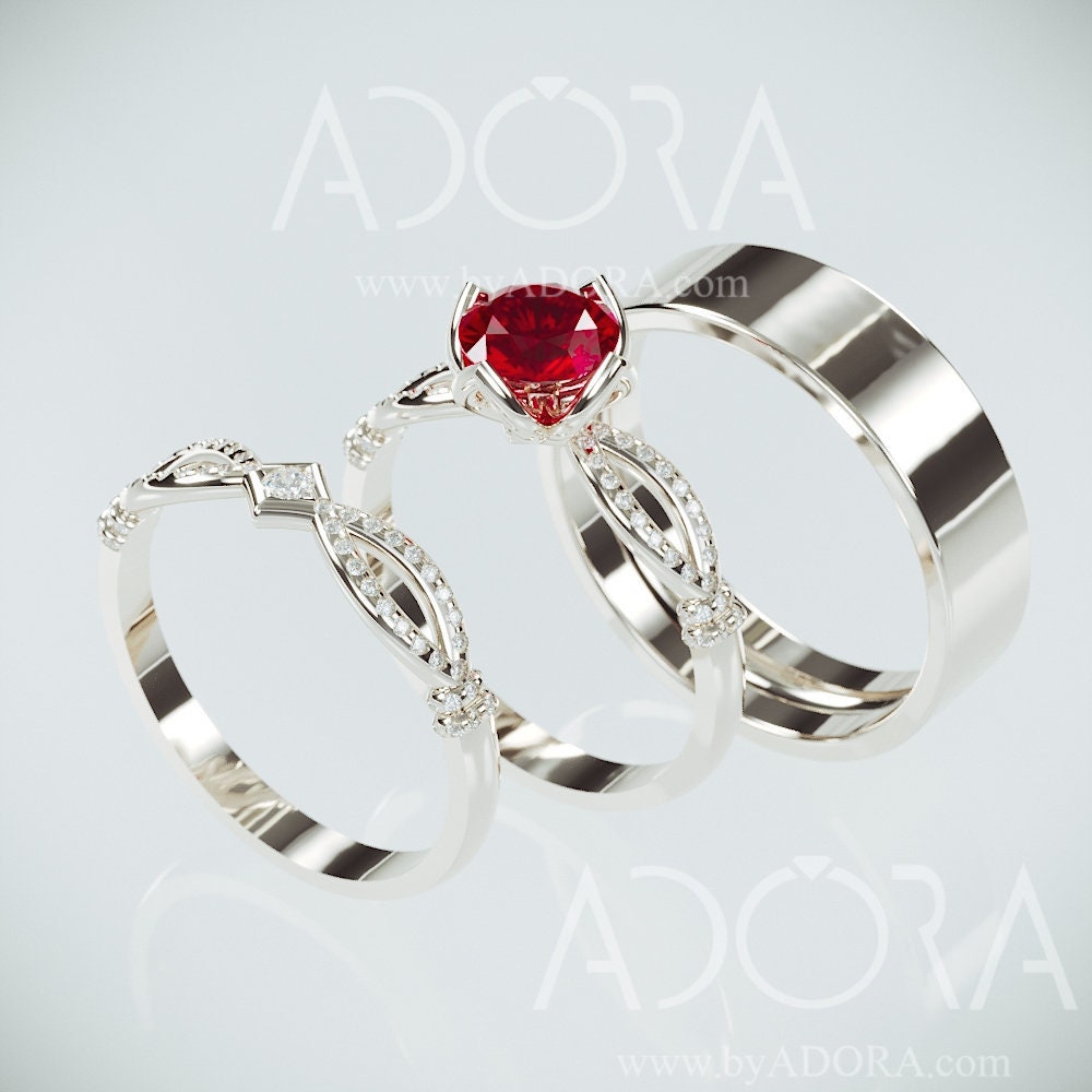 Handmade 14K White Gold Wedding Rings in Royalty Style Set With Ruby & Diamonds | & Diamonds A Matching Men Ring His Hers
