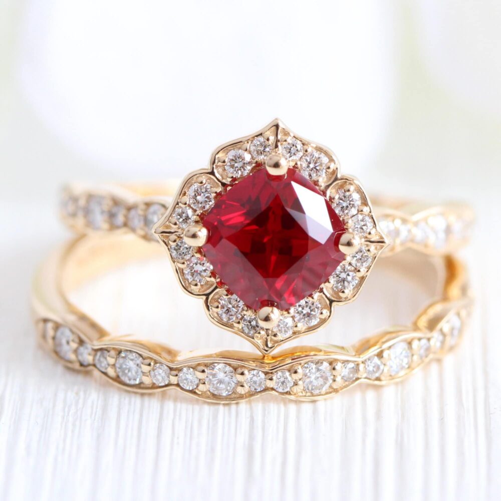 Vintage Halo Ruby Engagement Ring Set 14K Rose Gold Diamond Wedding Band Bridal Set