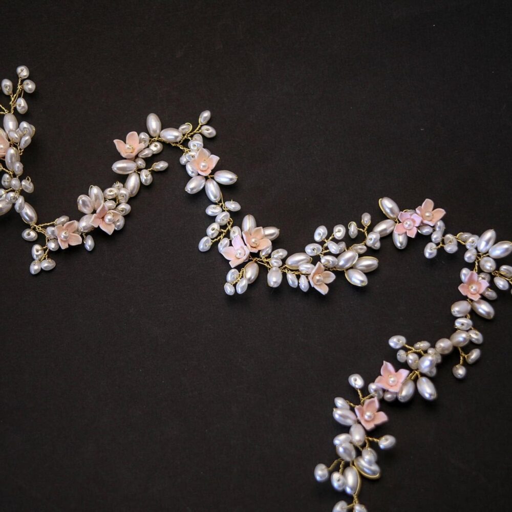 Long Wedding Hair Vine Vintage Pearls & Blush Pink Flowers