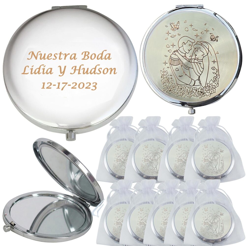 Wedding Favors | 12 Pcs Personalized Custom Laser Engraving Engagement Favors, Bridal Ideas Compact Mirror