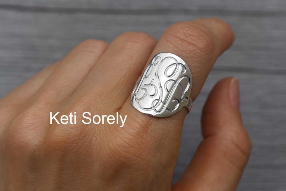 10K, 14K Or 18K Solid Gold, Silver Hand Engraved Monogram Initials Ring in Yellow, Rose White Gold