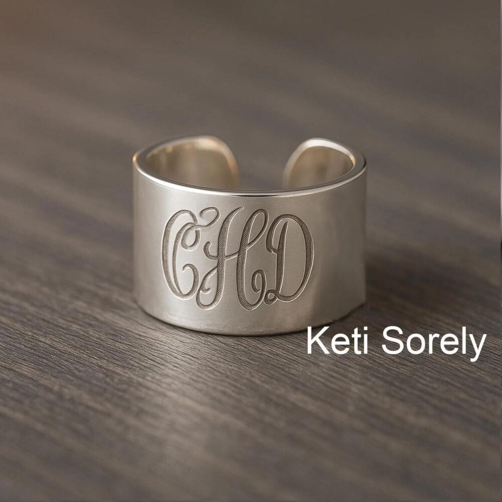 10K, 14K Solid Gold Or Sterling Silver Hand Engraved Monogram Initials Ring Cuff in Sterling, Yellow, Rose White For Woman