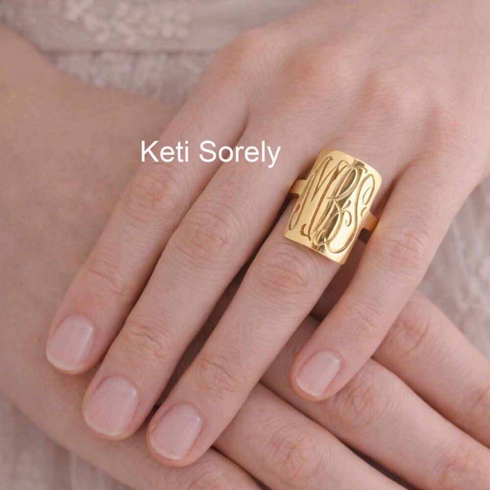 10K, 14K Or 18K Solid Gold Hand Engraved Rectangle Monogram Initials Ring in Silver, Yellow, Rose White Gold, Custom Designed Ring