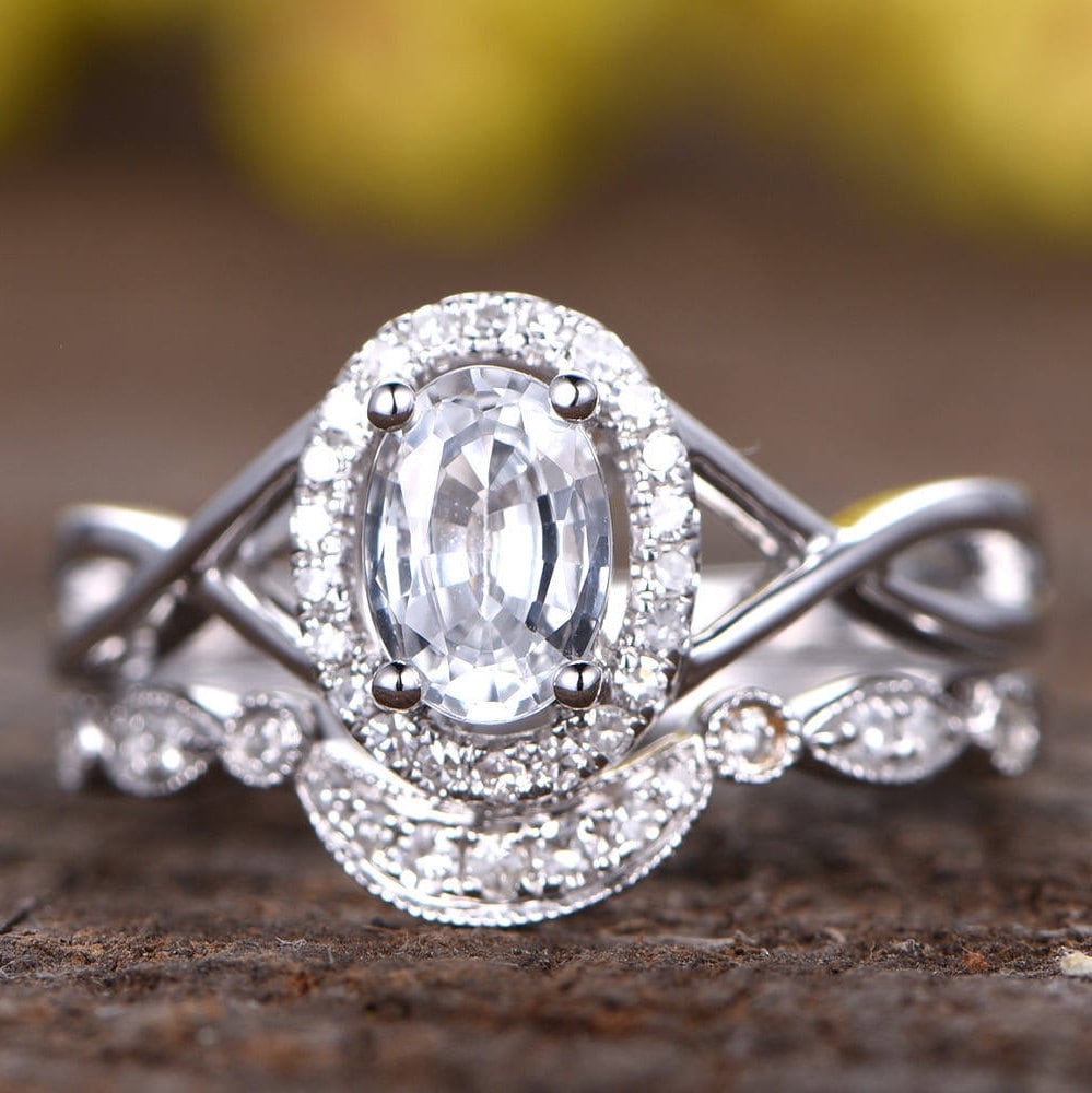 White Sapphire Engagement Ring Infinity Diamond Art Deco Curve Wedding Band Vintage Set Oval Cut Stone 14K Gold