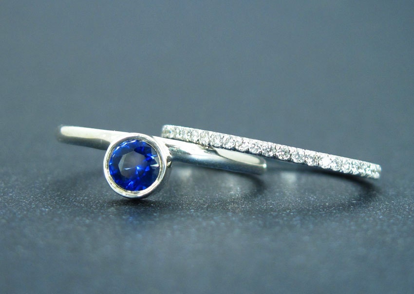 Sapphire Bridal Set 14K White Gold Engagement Ring & Diamond Band