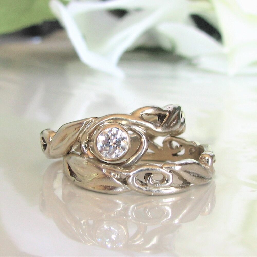 Vintage Engagement Ring Set 0.18Ct Diamond Wedding 14K White Gold Unique Minimalist Style Custom Bridal Jewelry