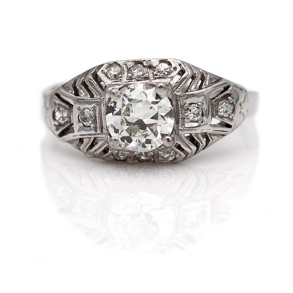 Art Deco .97 Ctw Square Set Vintage Engagement Ring 18 Karat White Gold Gia J/Si1