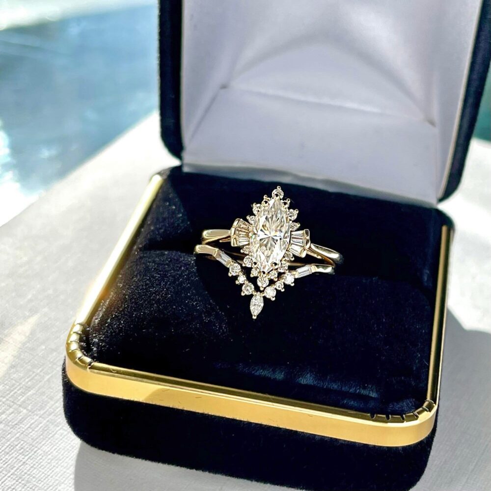 1Ct Vintage Engagement Ring, Moissanite Marquise Wedding Ring Set, Art Deco Contour Diamond Matching Band, Halo