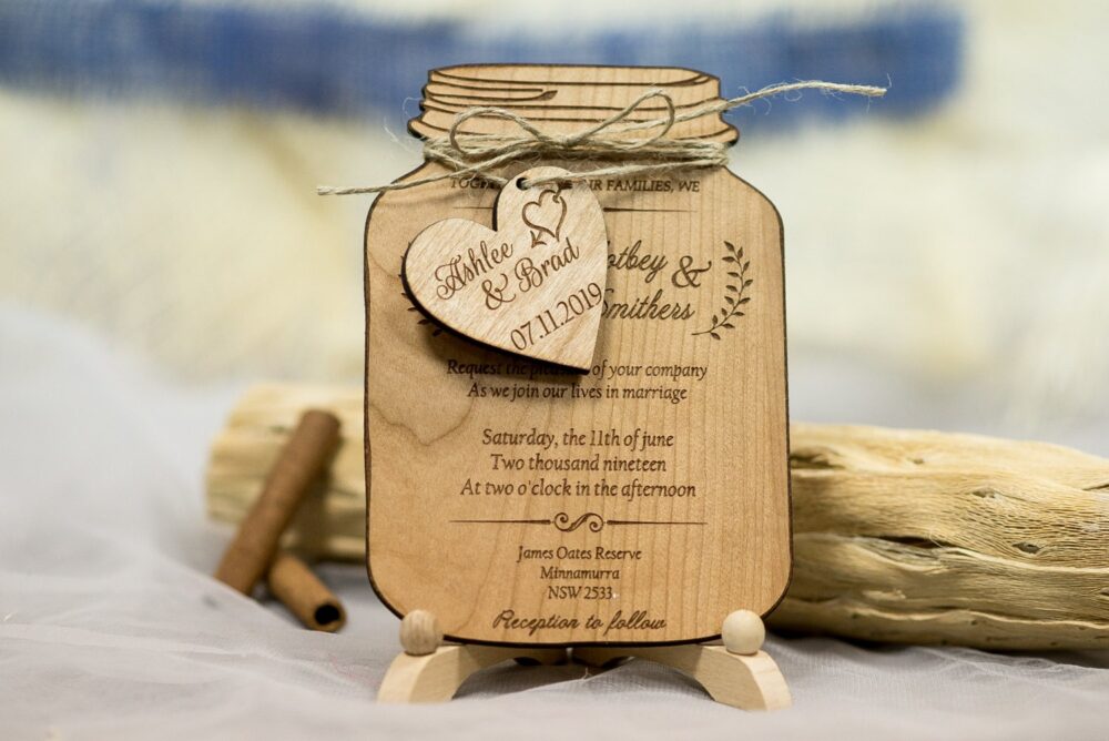 Real Wood Wedding Invitation Mason Jar, Jar Invitations, Rustic Invitation Suite Set Of 90, Laser Cut +Rsvp