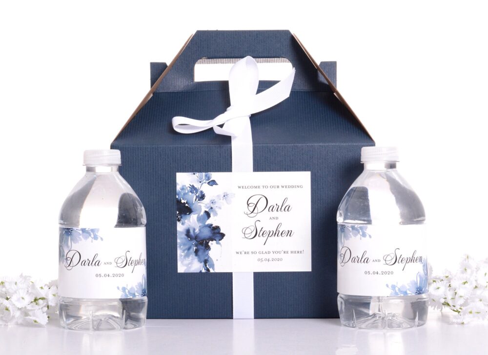 Wedding Favor Box Set, Hotel Welcome Boxes, Blue Floral Stickers, Garden Survival Kit #wdig-332