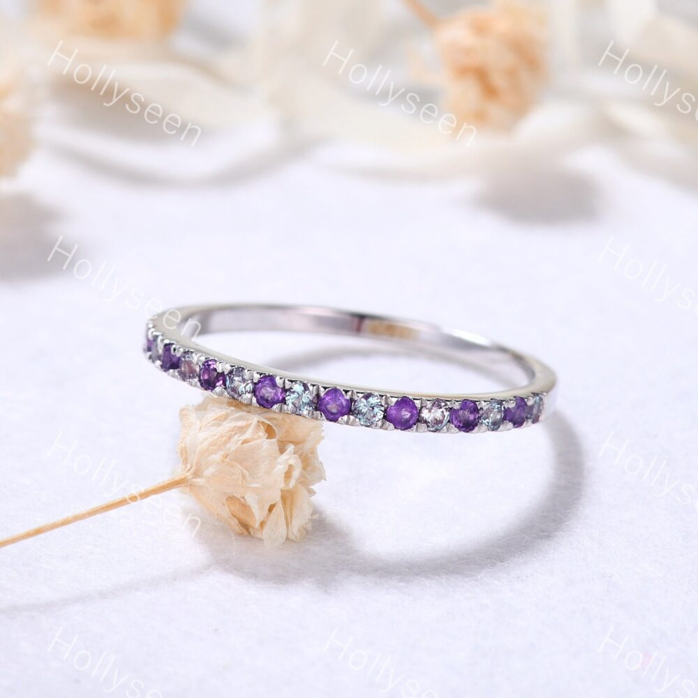 Eva Alexandrite Wedding Ring Band Silver White Gold Amethyst Engagement Half Eternity Birthstone Stackable Bridal For Women