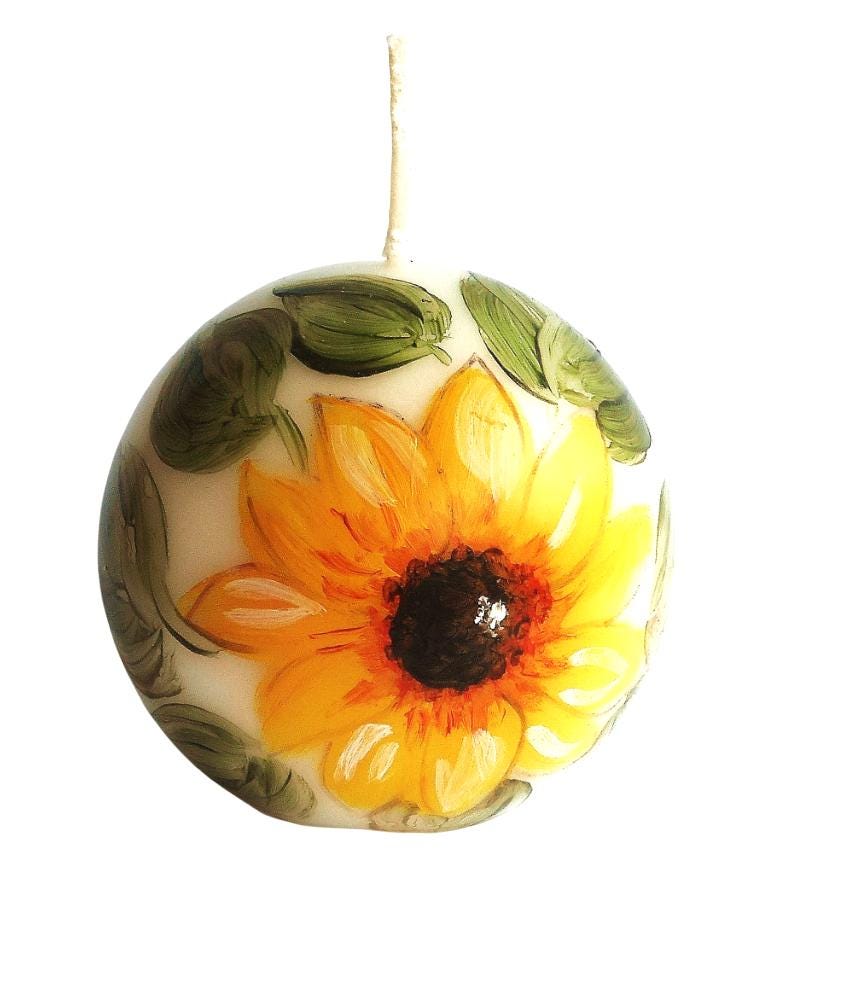 Round Hand Painted Sunflower Candle, Flower Votive, Bohemian Autumn Floral Decor