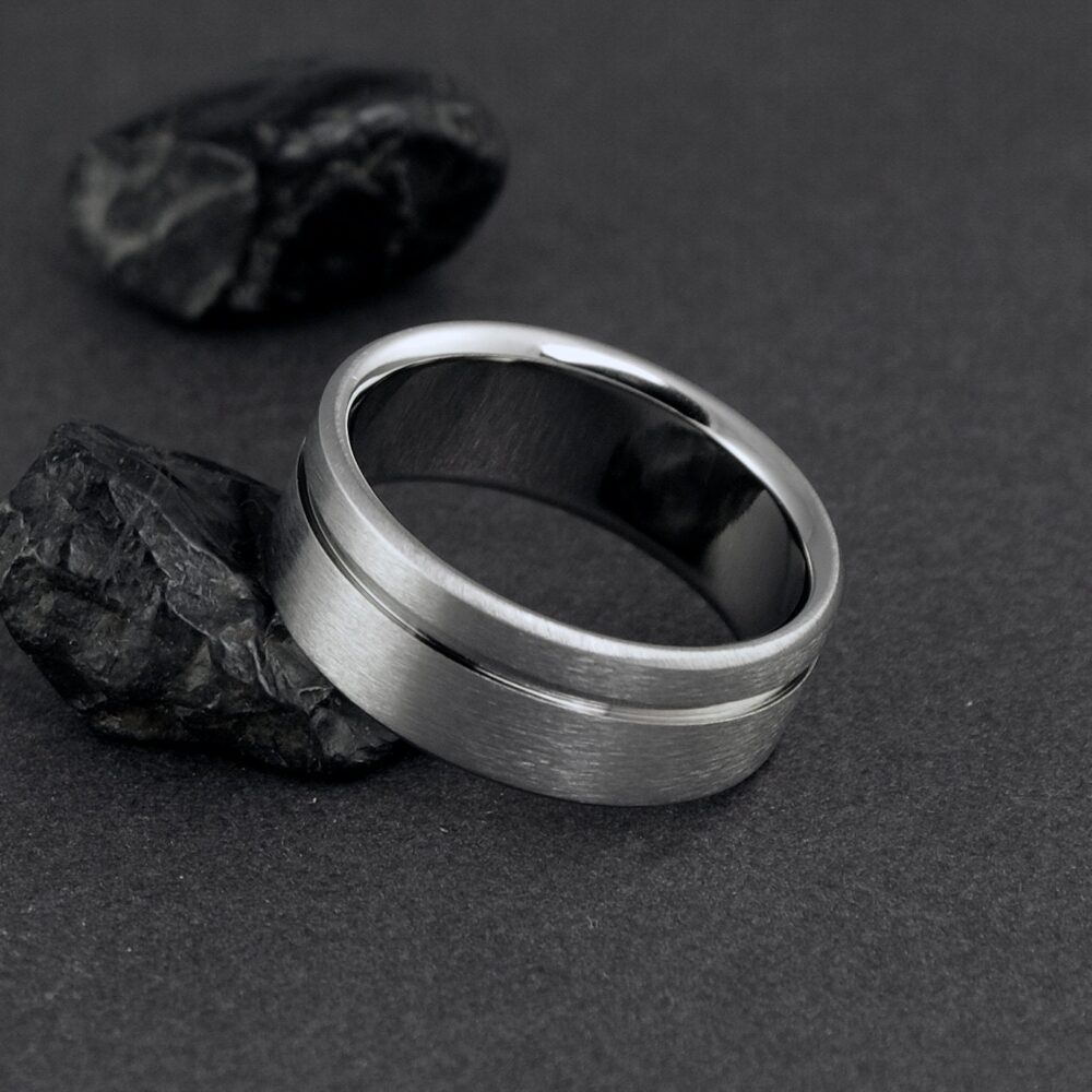 Simple Titanium Wedding Band, With A Low Flat Profile & Natural Plain Pinstripe, Shown in Brushed Finish