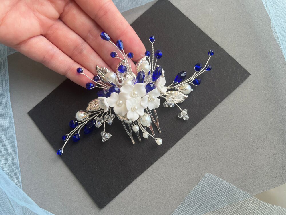 White Blue Flowers Wedding Hair Comb. Blue Bridal Silver Piece. Wedding Jewelry. Floral Comb