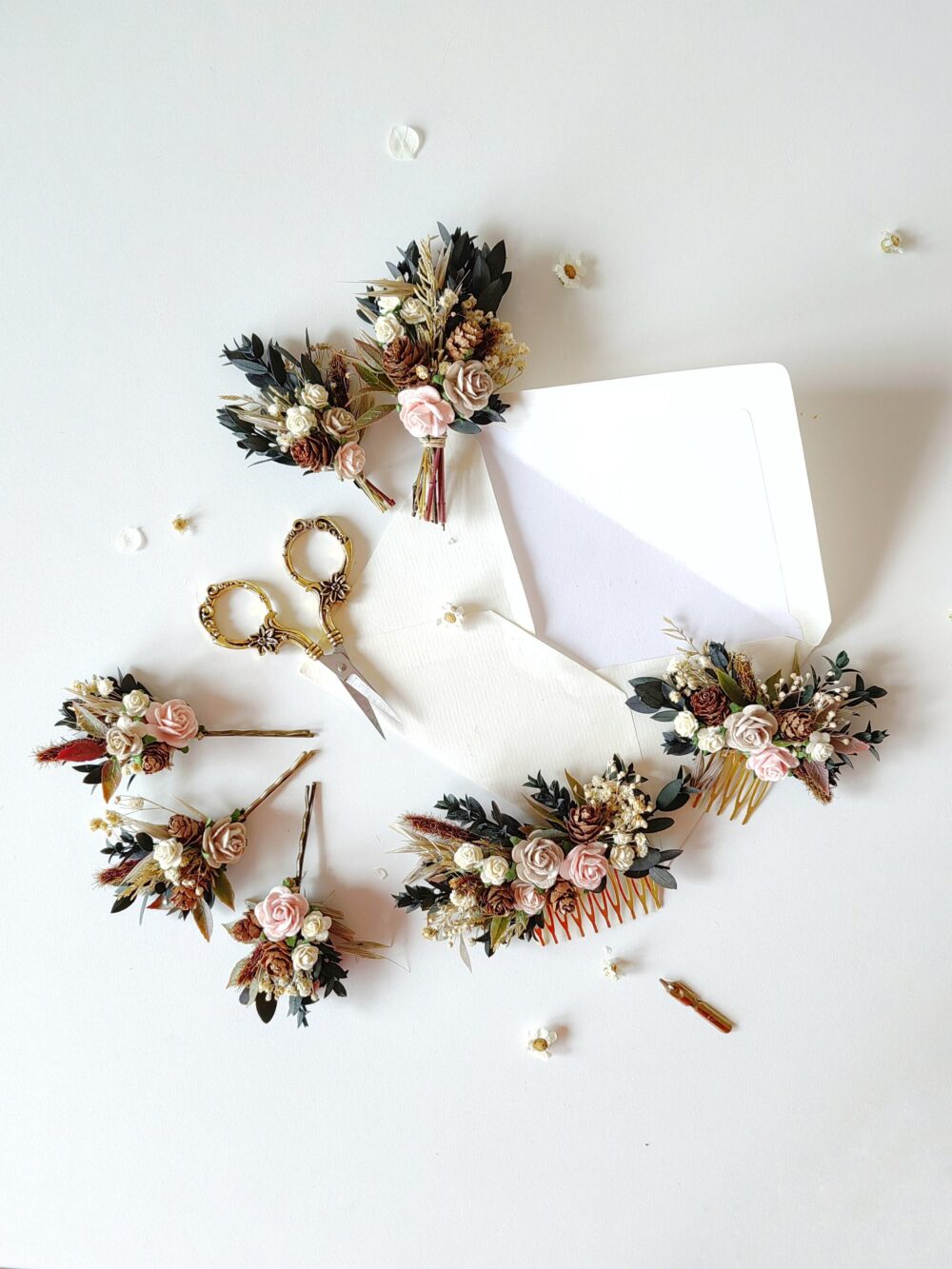 Woodland Wedding Flower Hair Comb Set Rustic Pine Cone Accessories