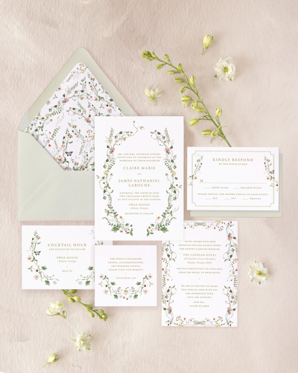 Rustic Wedding Invitation With Wreath, Floral Set, Printed Invite, Elegant Invitations | Claire