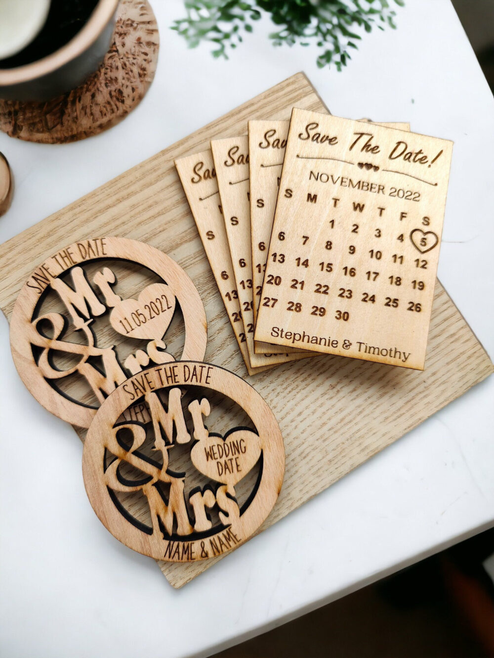 Rustic Wooden Save The Date Calendar Magnets Laser Engraved Wedding Invitations