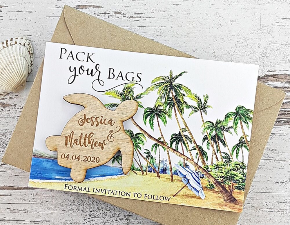 Save The Date Magnet, Wood Sea Turtle Tropical The Date, Destination Wedding Beach