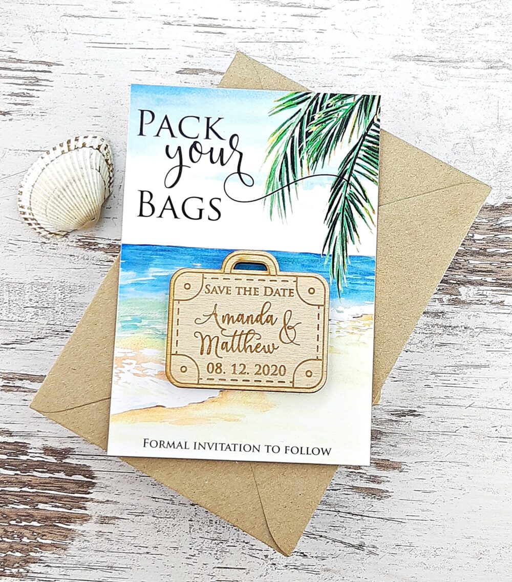 Pack Your Bag Suitcase Save The Date Magnet, Wood Wedding Beach The Date, Palm Tree Date, Destination Wedding, Tropical