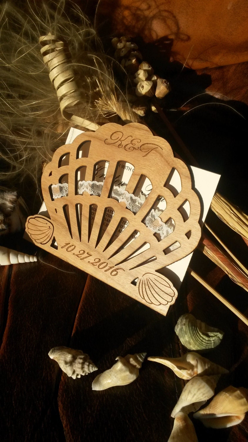 Clam Wood Wedding Invitation 10, Destination Wedding, Beach Invitation, Handmade Invitations Decorated With Lace