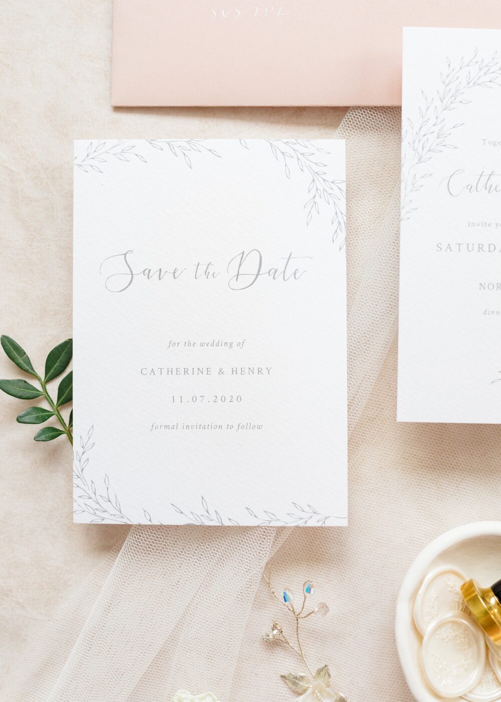 Grey Botanical Save The Date/A6 Line Drawing Leaves Neutral Wedding Elegant Delicate Modern Calligraphy Stationery Sample