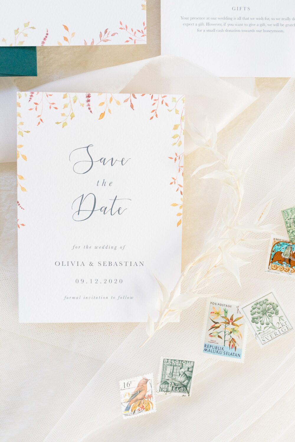 Autumn Wedding Save The Date/A6 Watercolour Leaves Fall Botanicals Fine Art Wedding Elegant Modern Calligraphy Sample