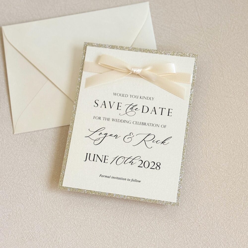 Elegant Save The Date With Bow Ivory & Gold Wedding For Glam Theme Custom Printed Personalized