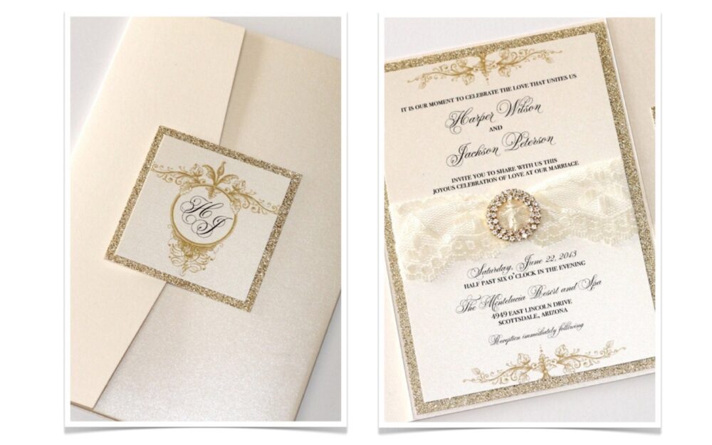 Glitter Wedding Invitation Lace Vintage Elegant Invite Ivory Gold Harper Sample