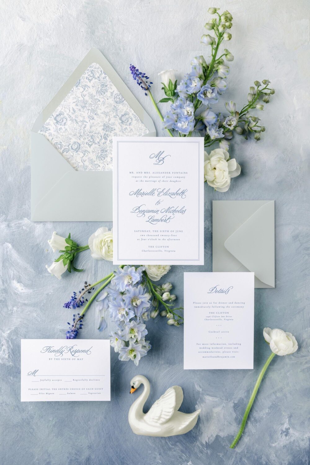 Classic Wedding Invitation Set, Elegant Invitations, Printed Invite, Blue Cards With Monogram | Marielle