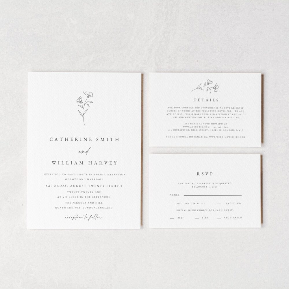 Printed Wedding Invitation With Rsvp, Details & Envelopes, Minimalist Elegant Invites, Wildflowers, Floral, Botanical, #cather