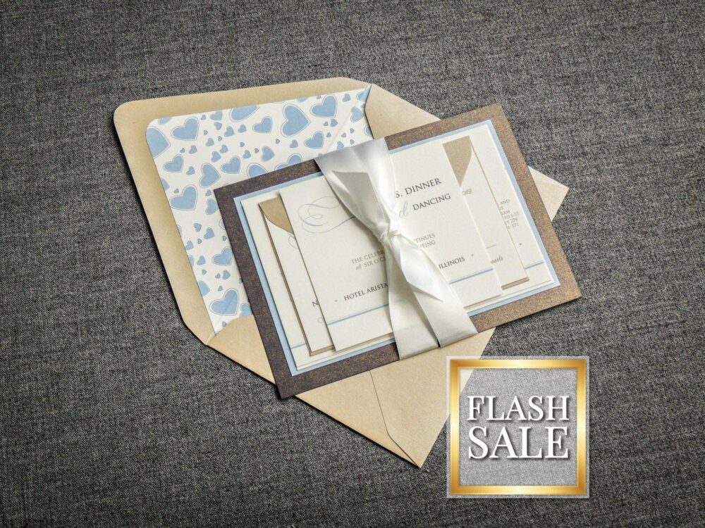 Elegant Wedding Invitations, Beach Invites, Blue & Khaki Wedding, Layered Invitation Suite - "Romantic Flourish" Fp-2L-V1 Sample