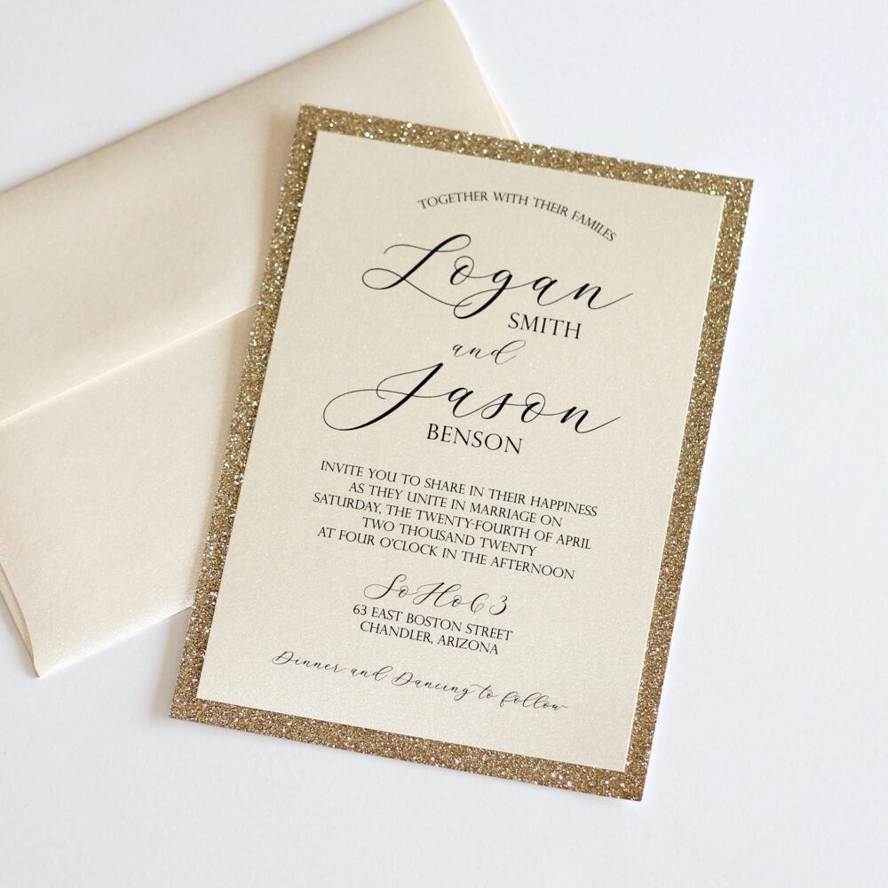 Gold Glitter Wedding Invitation Modern Card Elegant Invite Ivory & Custom Handmade Logan