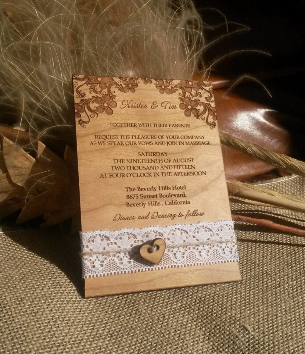 Luxury Wedding Invitations Natural Lace, Filigree Invitation Country Wedding, Gatefold Wood