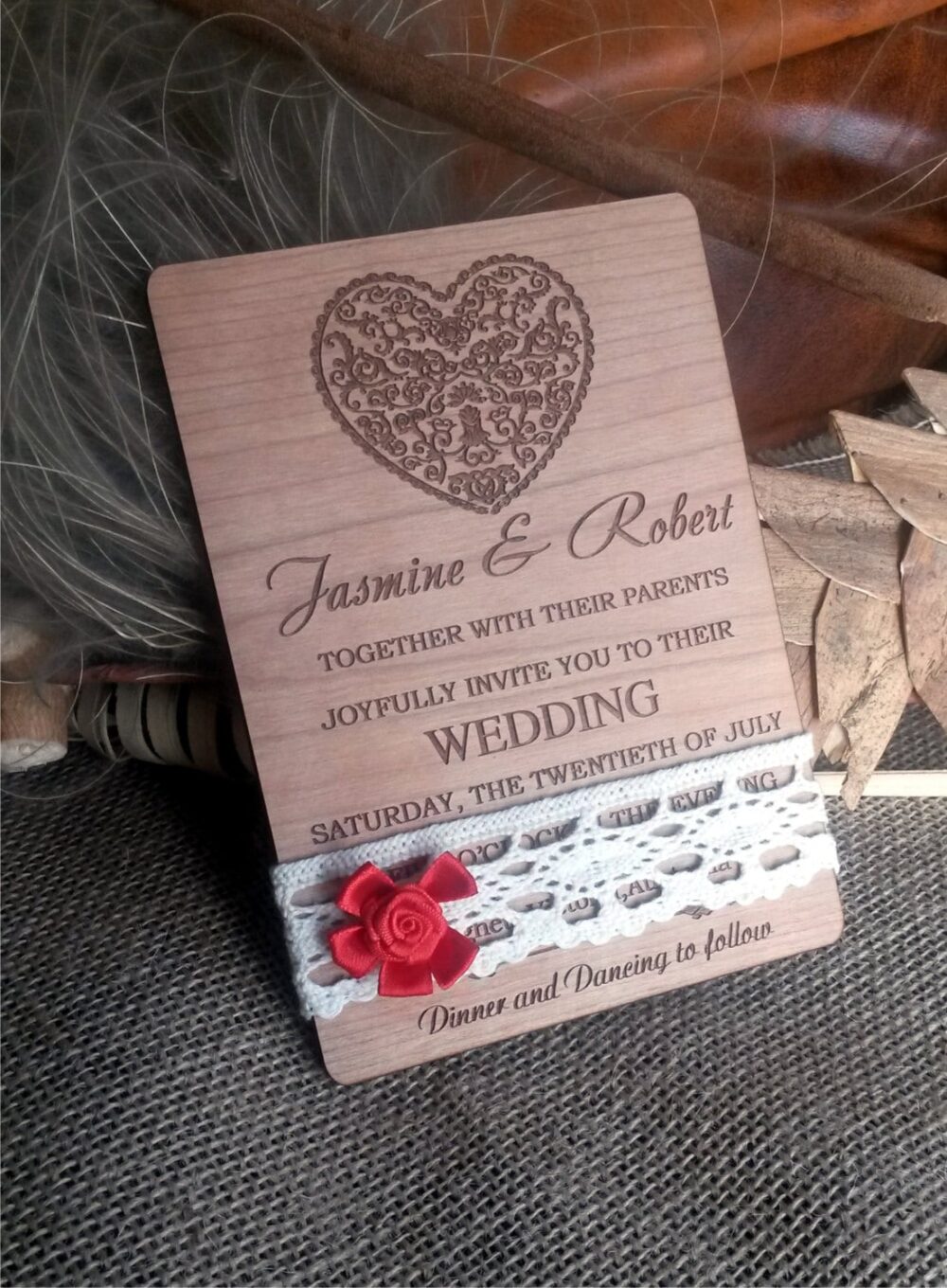 Lace Wedding Invitation | 10/ Wood Invitations/ Heart/ Unique Western