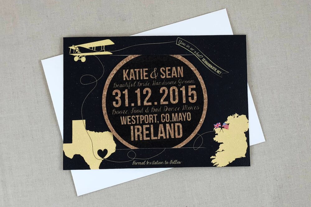 Destination Wedding Cork Coaster Save The Date // Black & Gold Vintage Biplane Texas Connected To Ireland