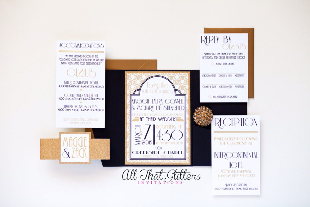 Art Deco Wedding Invites, 1920's Invitations With Glitter, Vintage Invitation Suite, Roaring 20's Set