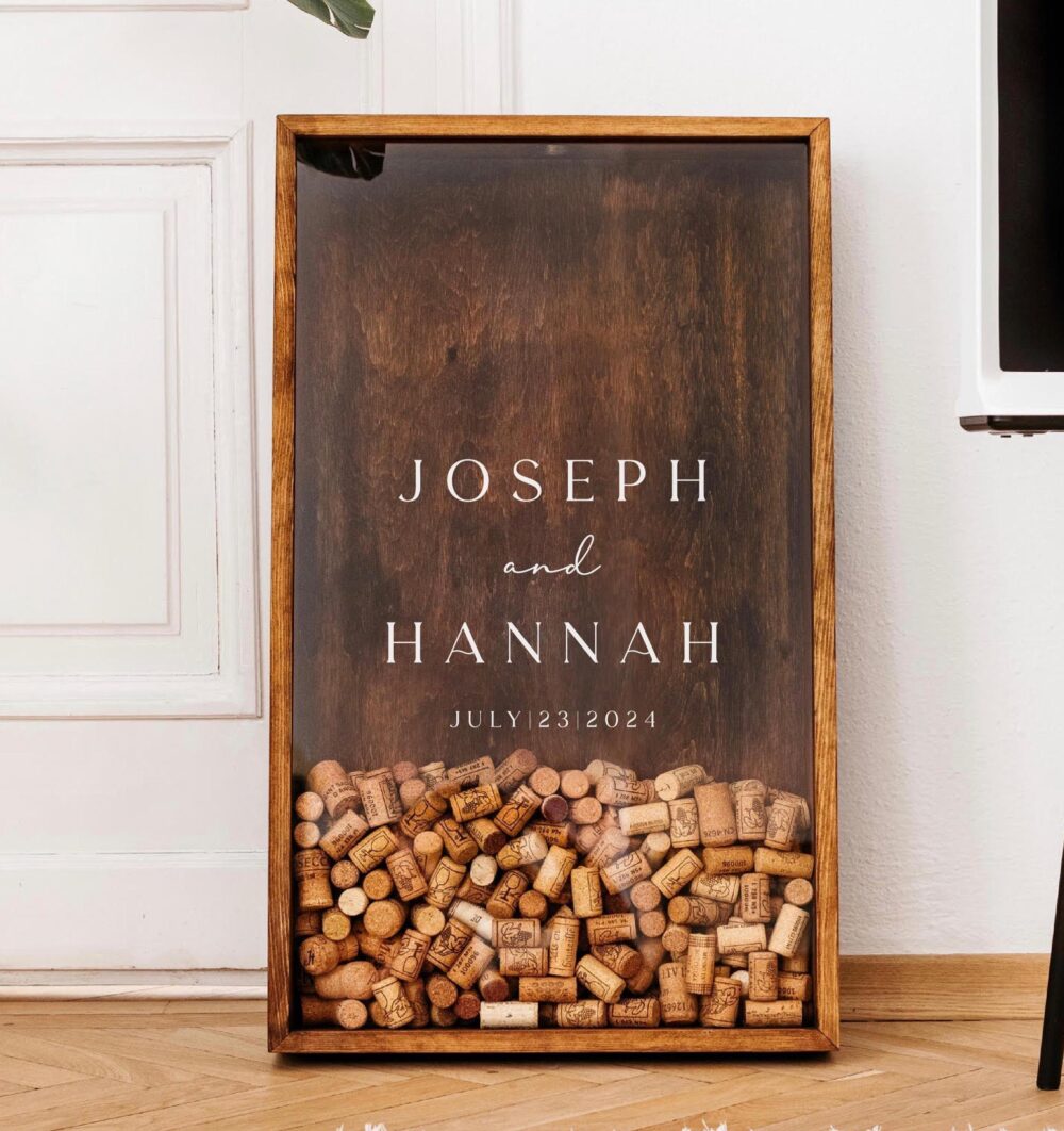Personalized Wedding Couple Gift, Rustic Guest Book, Customized Wine Cork Holder, Engagement Alternative Guestbook, Wood Decor