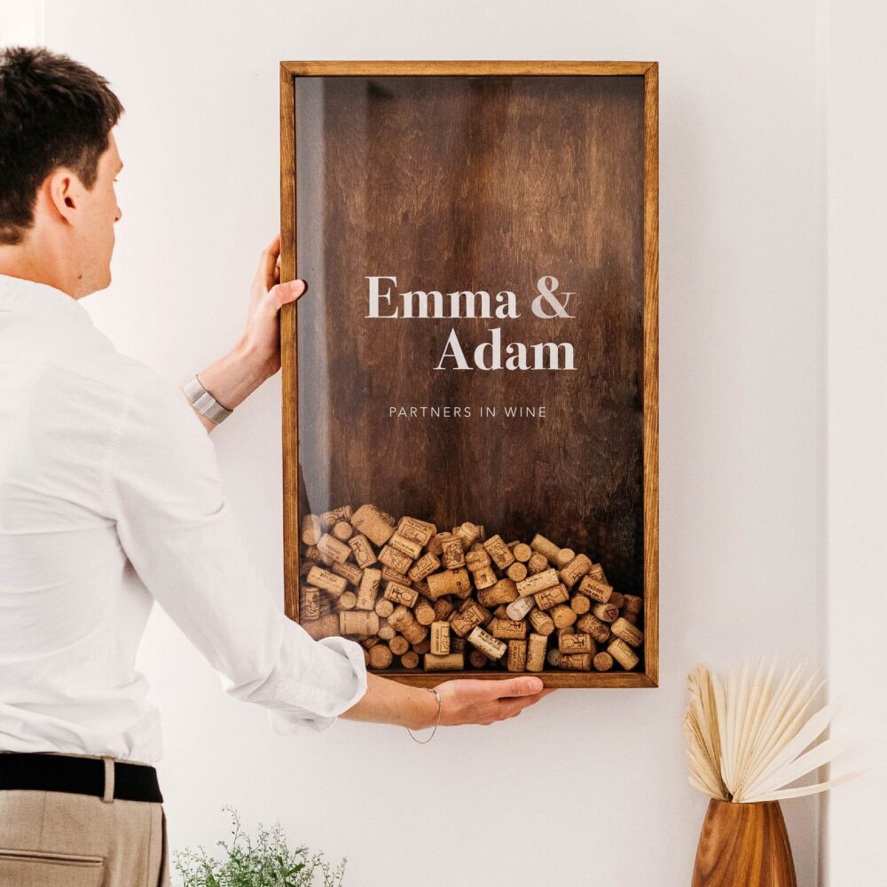 Custom Wine Gift For Couple, Personalized Engagement Gift, Wooden Cork Holder, Wedding Guest Book Idea, Lover Decor Sign