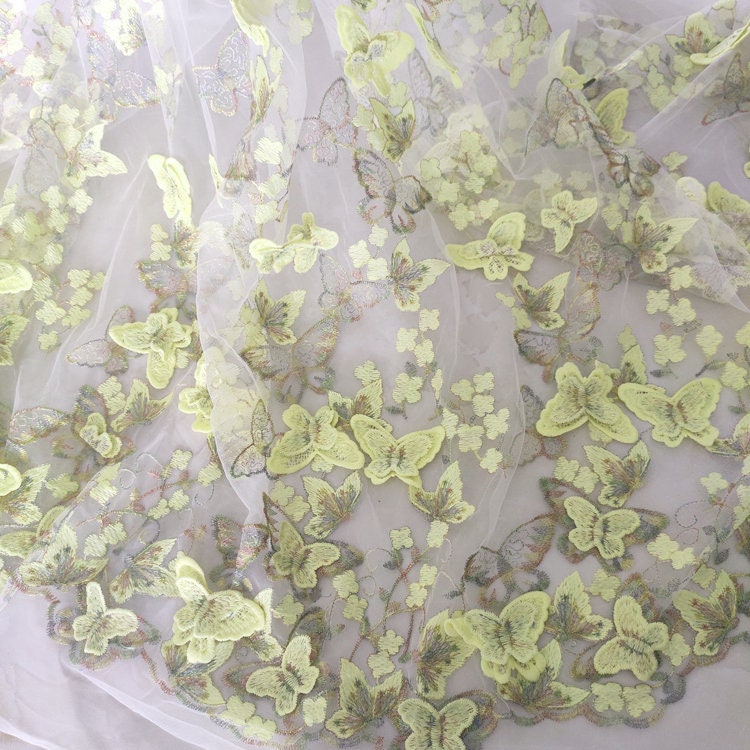 3D Yellow Butterfly Flower White Tulle Exquisite Embroidery Soft Fabric Wedding Lace Bridal Dress 59" Width By Yard