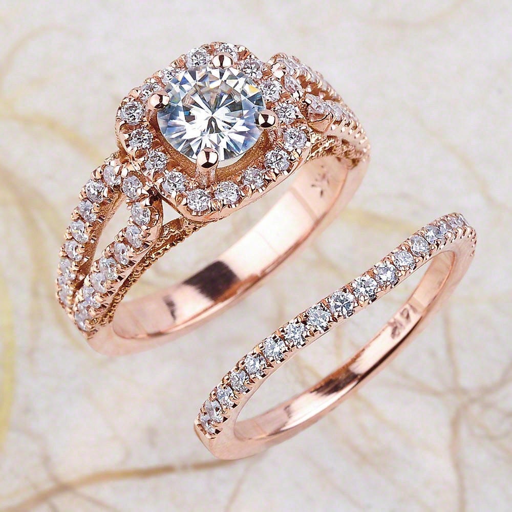 Moissanite Engagement Bridal Ring Set Rose Gold, Halo