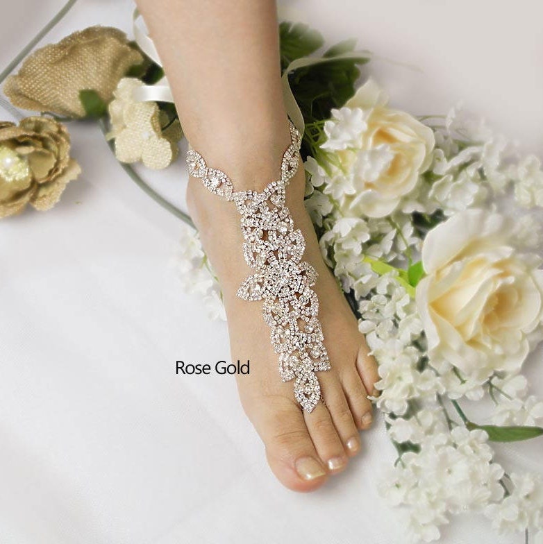 Wedding Rose Gold, Silver Barefoot Sandals, Bridal Foot Jewelry, Rhinestone Footless Sandal, Bridesmaid Jewelry -Sd 039
